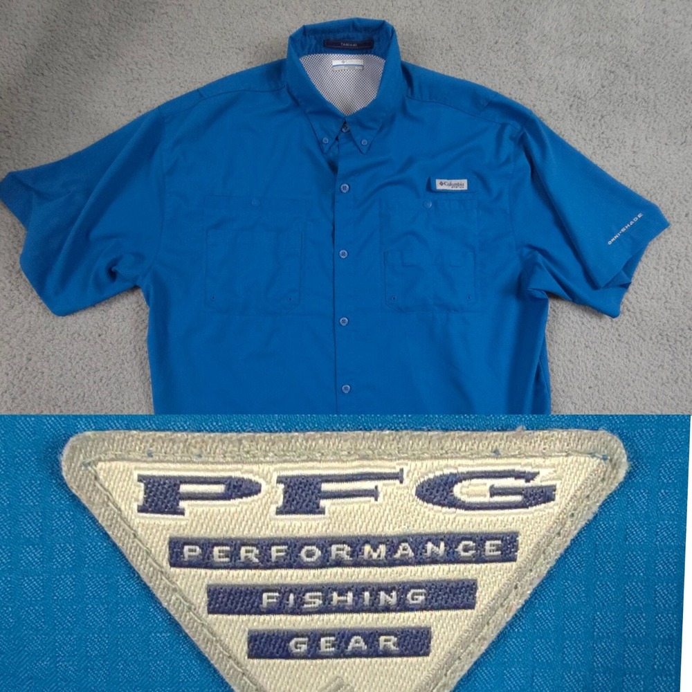 Columbia Tamiami PFG Shirt Mens XL Blue Short Sleeve Vented Hiking Fishing - Picture 1 of 15